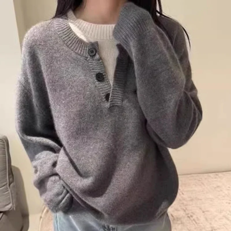 Damen Oversize-Henley-Pullover aus flauschigem Mohair‑Look mit Knopfleiste Drune
