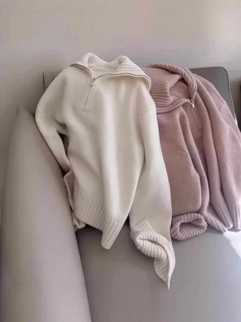 Damen Oversize Feinstrickpullover mit halbem Reißverschluss und weitem Rollkragen Drune