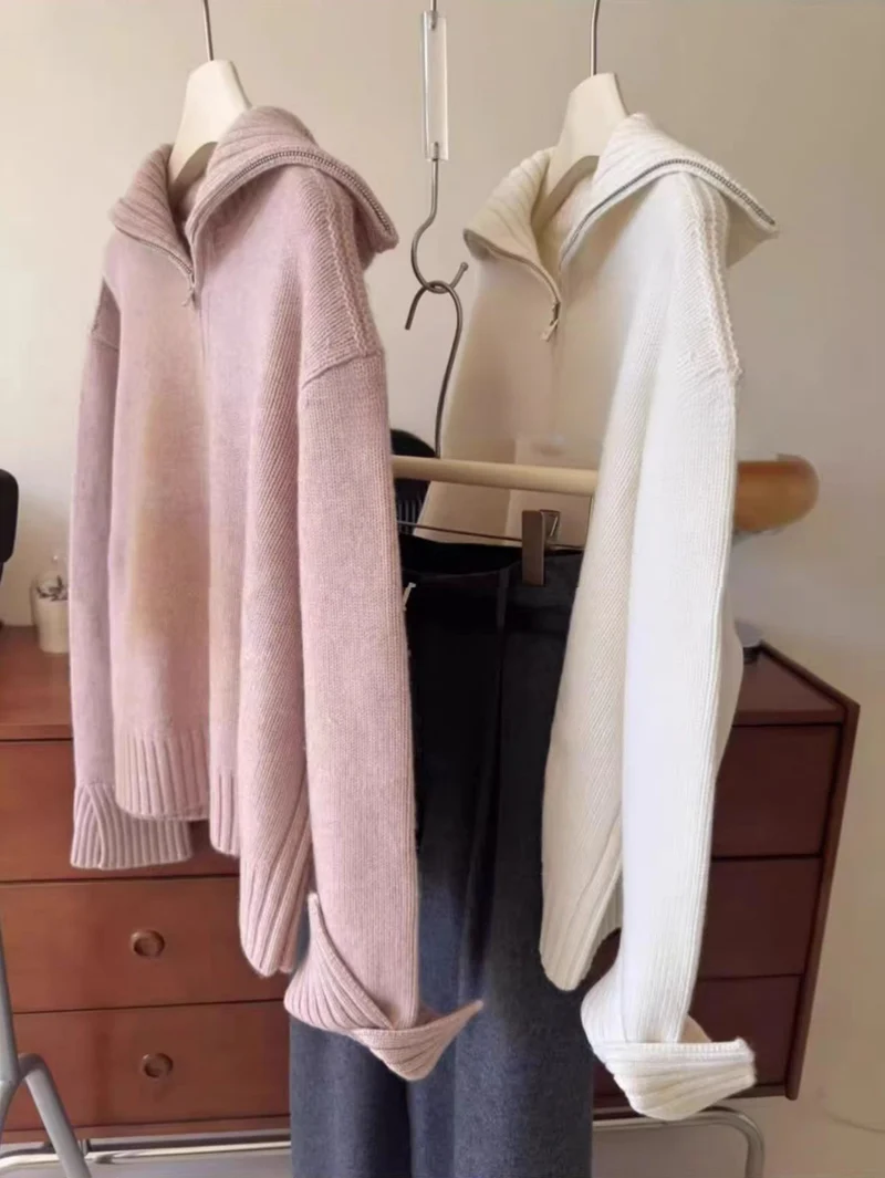Damen Oversize Feinstrickpullover mit halbem Reißverschluss und weitem Rollkragen Drune