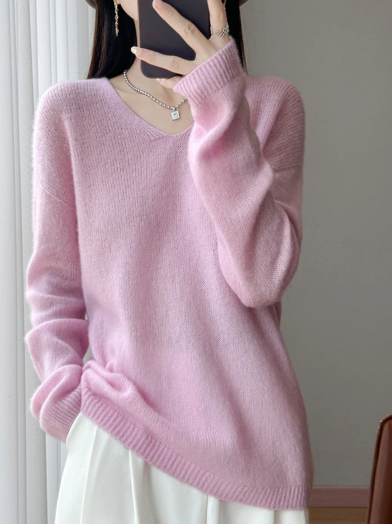 Damen Oversize-Feinstrickpullover mit feinem V-Ausschnitt und verlängertem Ärmelabschlusst Drune