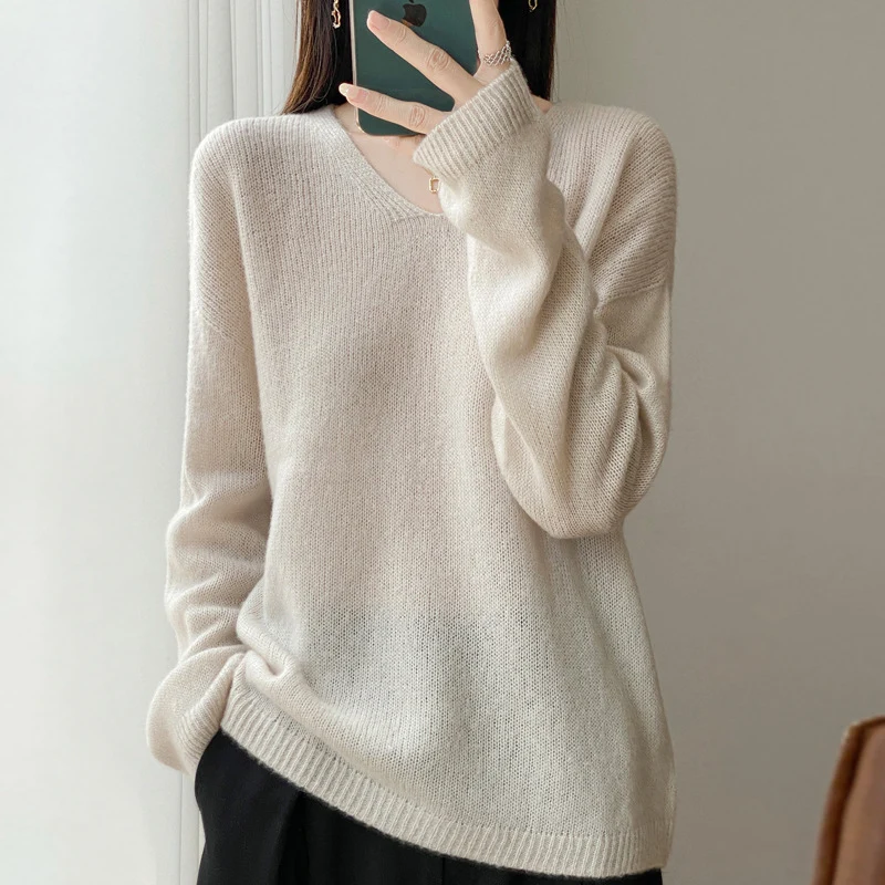 Damen Oversize-Feinstrickpullover mit feinem V-Ausschnitt und verlängertem Ärmelabschlusst Drune