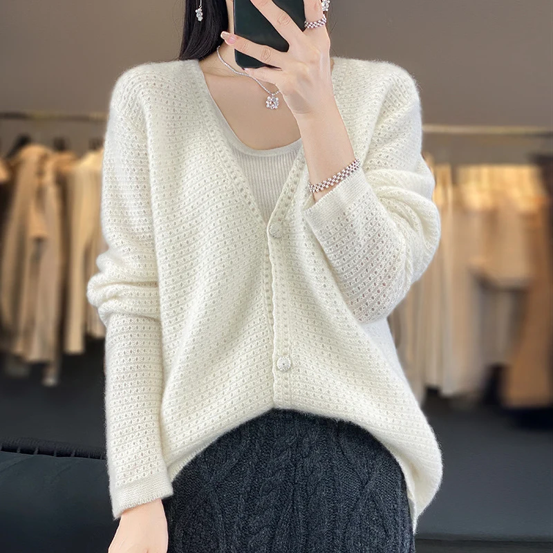 Damen Offener Ajour-Strickcardigan mit dezentem Flauschfinish und kastiger Oversize-Silhouette Drune