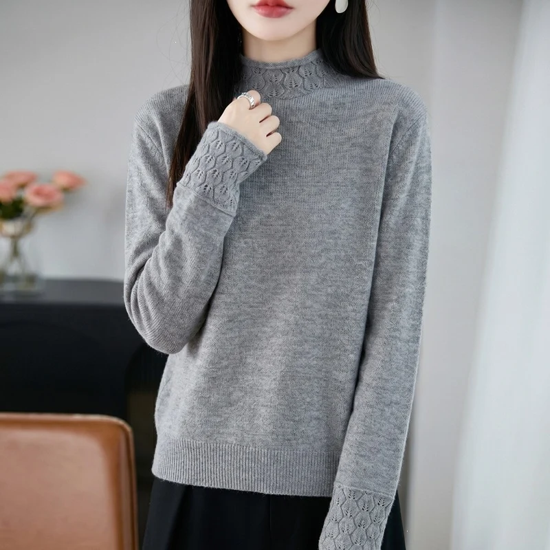 Damen Mockneck-Feinstrickpullover mit Ajour-Detail an Kragen und Bündchen Drune