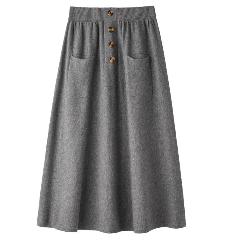 Damen Midirock aus Wollmix mit A‑Linie, elastischem Rippbund, Zierriegel‑Knopfleiste und aufgesetzten Taschen Drune