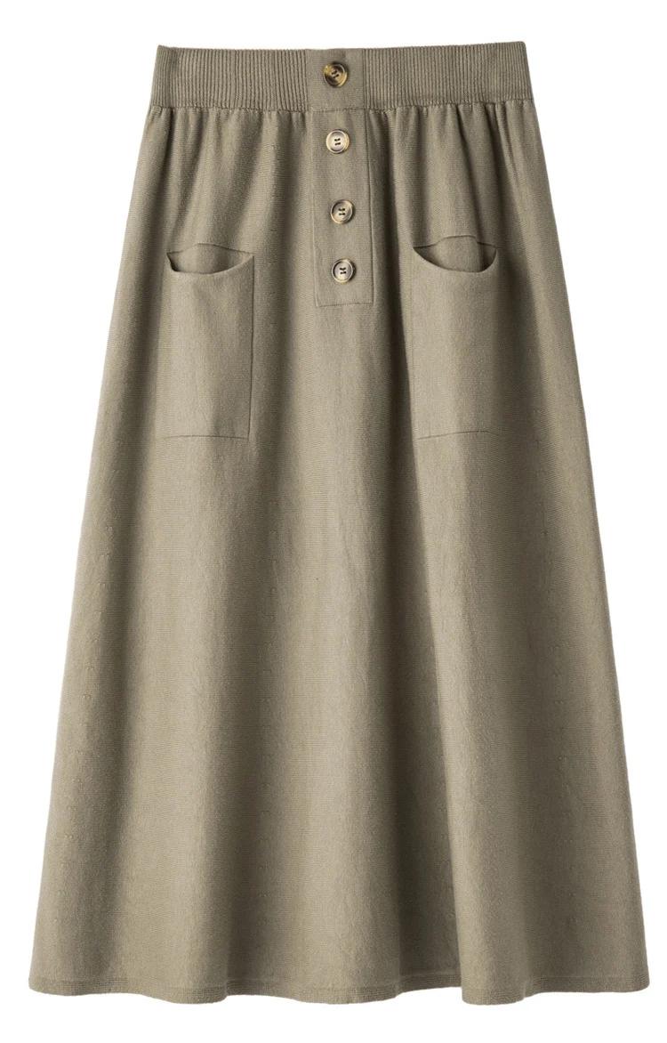Damen Midirock aus Wollmix mit A‑Linie, elastischem Rippbund, Zierriegel‑Knopfleiste und aufgesetzten Taschen Drune