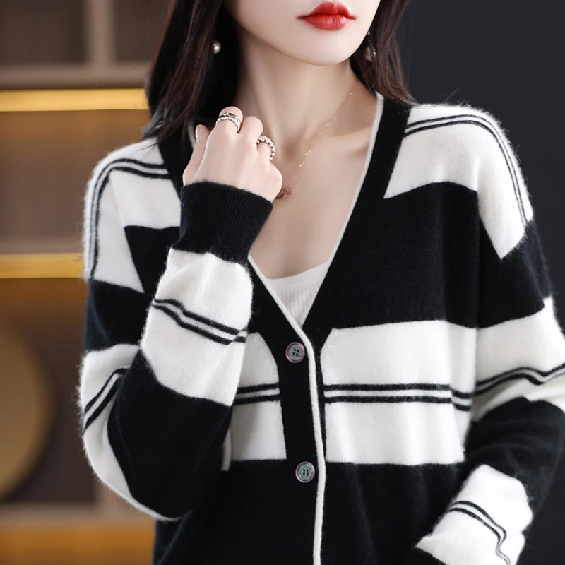 Damen Midilanger Feinstrick-Cardigan mit breiten Blockstreifen, V-Ausschnitt und gerippten Bündchen Drune