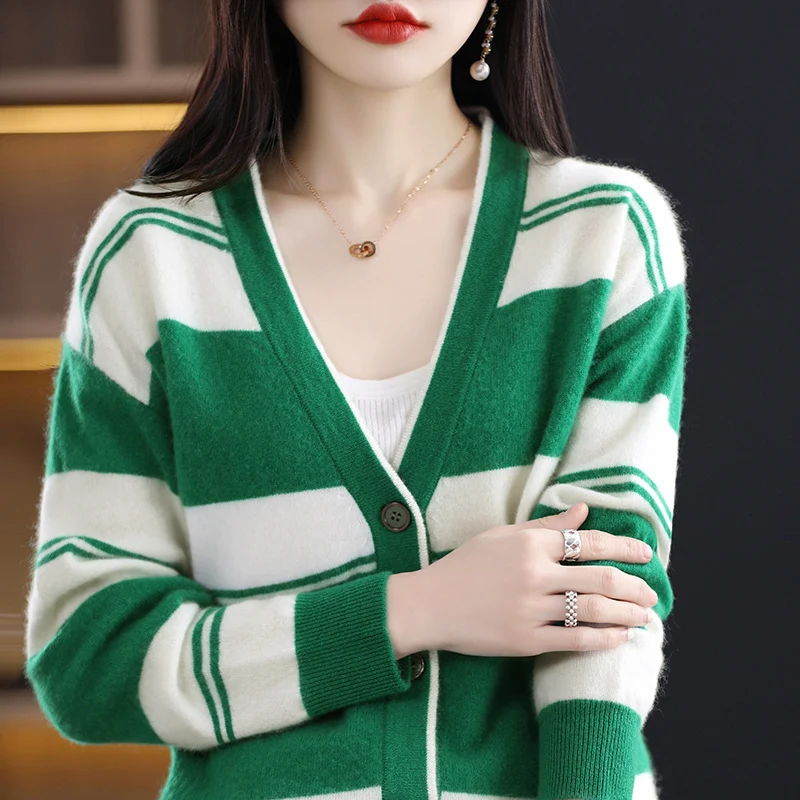 Damen Midilanger Feinstrick-Cardigan mit breiten Blockstreifen, V-Ausschnitt und gerippten Bündchen Drune