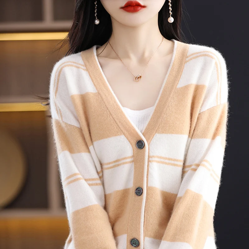 Damen Midilanger Feinstrick-Cardigan mit breiten Blockstreifen, V-Ausschnitt und gerippten Bündchen Drune