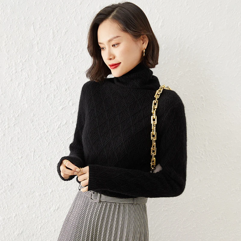 Damen Luxuriöser Mohair‑Mix Rollkragenpullover mit diamantgewDruneter Ajourstruktur Drune