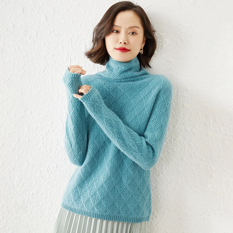 Damen Luxuriöser Mohair‑Mix Rollkragenpullover mit diamantgewDruneter Ajourstruktur Drune