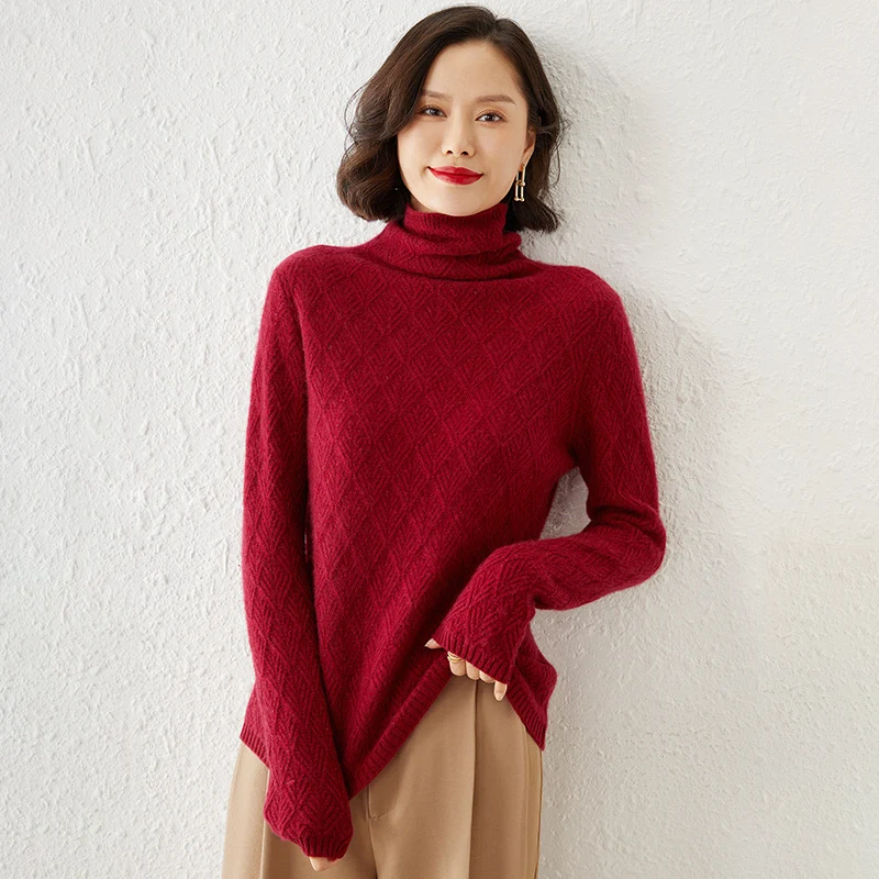 Damen Luxuriöser Mohair‑Mix Rollkragenpullover mit diamantgewDruneter Ajourstruktur Drune