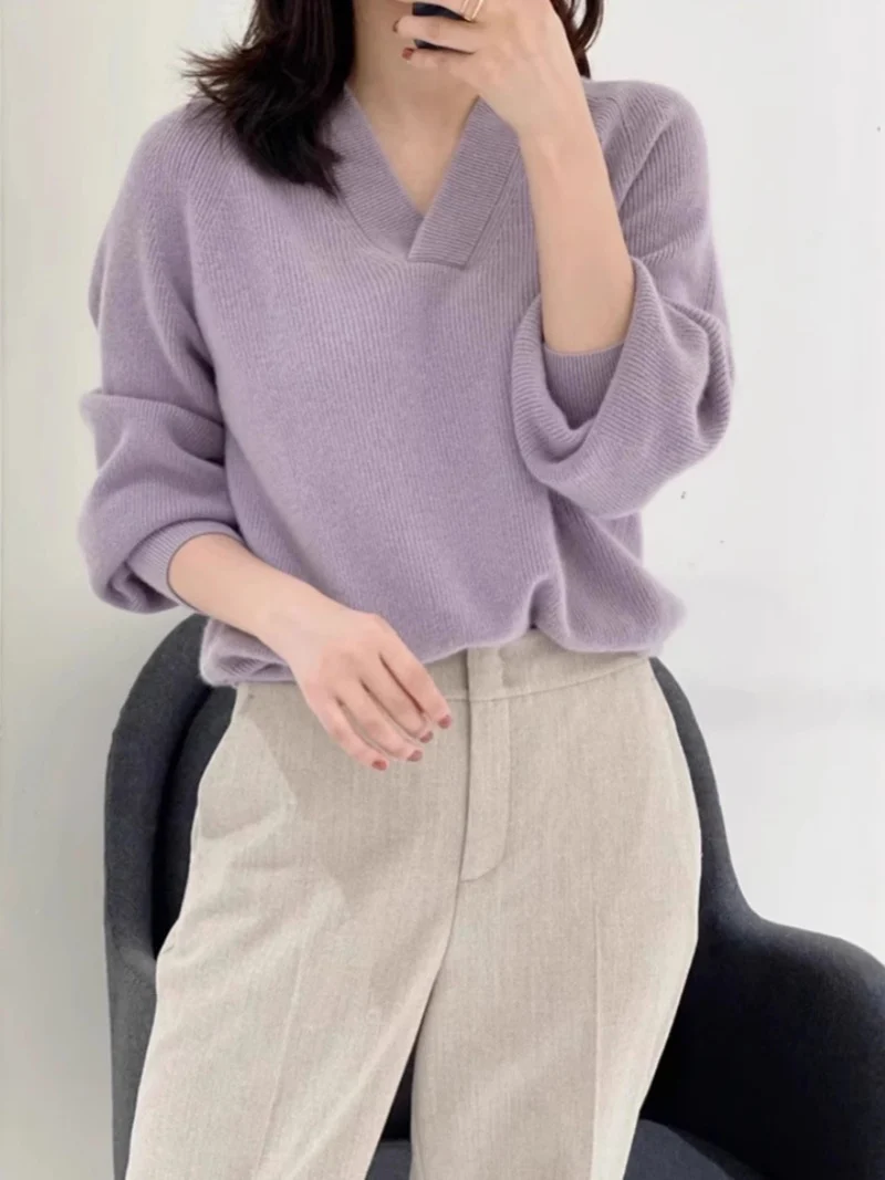 Damen Lockerer V‑Ausschnitt-Pullover aus feinem Rippenstrick mit überschnittener Schulter Drune