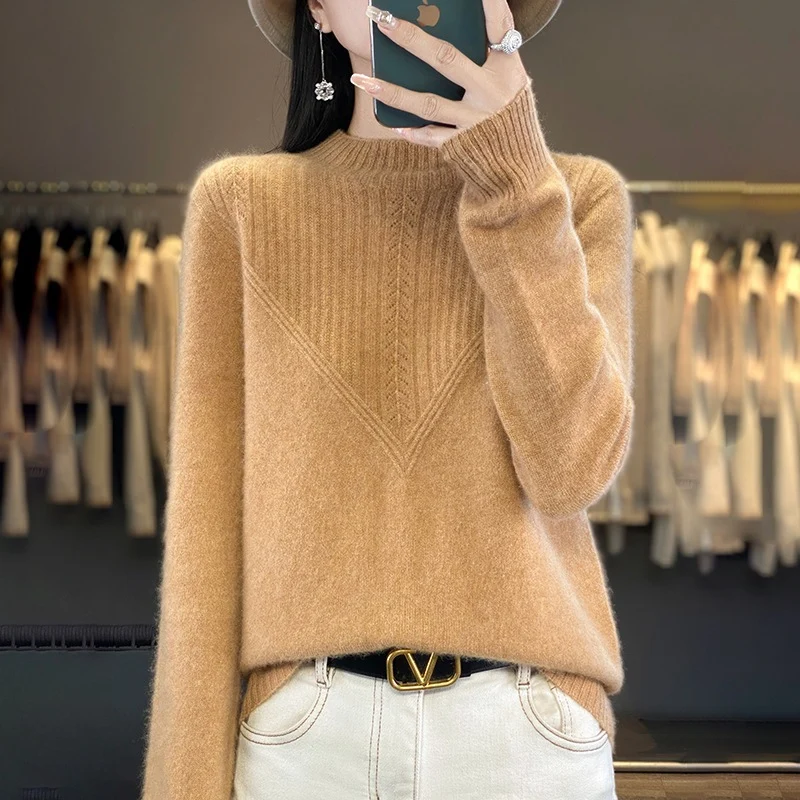 Damen Lockerer Mohair‑Blend Pullover mit strukturierter V‑Paneel und Stehkragen Drune