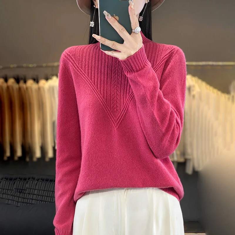 Damen Lockerer Mohair‑Blend Pullover mit strukturierter V‑Paneel und Stehkragen Drune