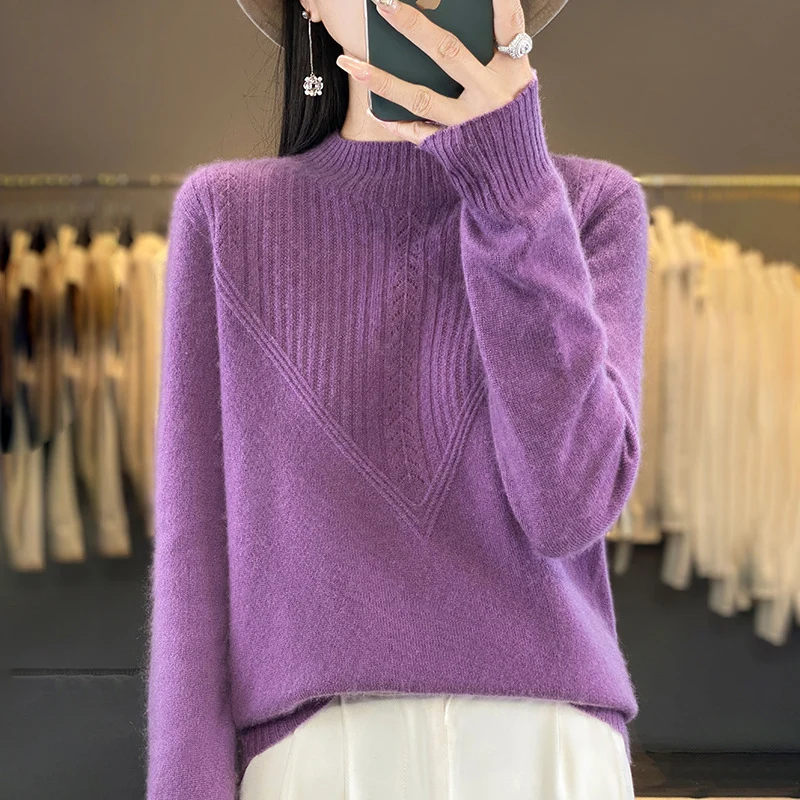 Damen Lockerer Mohair‑Blend Pullover mit strukturierter V‑Paneel und Stehkragen Drune