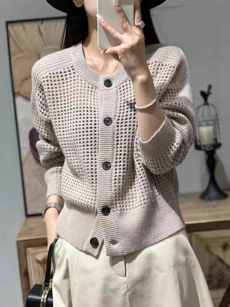 Damen Lockerer Mesh‑Cardigan mit Gitter‑Ajour, Rundhalsausschnitt und Knopfleiste Drune