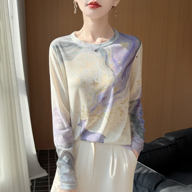 Damen Leichtes Langarmshirt aus Viskose-Mix mit Aquarellprint und Rundhalsausschnitt Drune