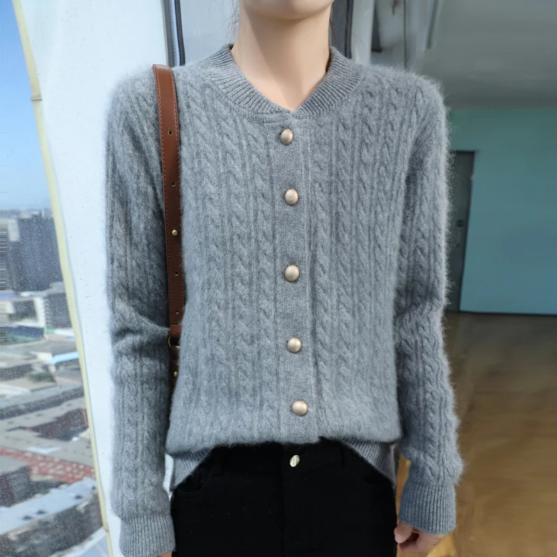 Damen Leichter Zopfstrick-Cardigan in Mohair‑Optik mit dekorativen Perlmuttknöpfen Drune
