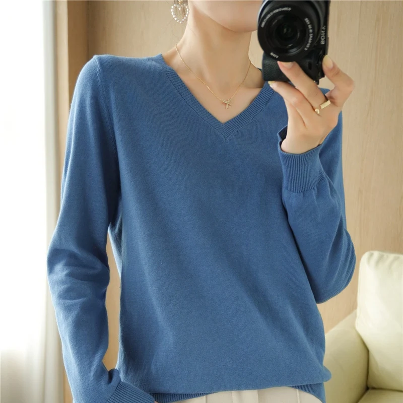 Damen Leichter V‑Ausschnitt Feinstrickpullover aus kaschmirweicher Baumwollmischung mit elastischen Rippbündchen Drune