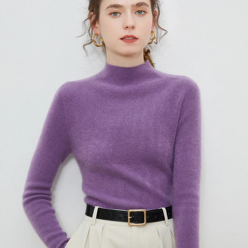 Damen Leichter taillierter Mockneck-Pullover in kaschmirähnlicher Mohair-Optik mit feiner Rippenstruktur Drune