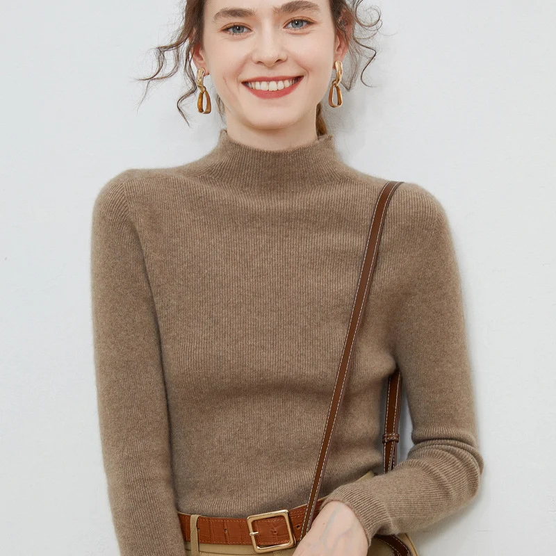 Damen Leichter taillierter Mockneck-Pullover in kaschmirähnlicher Mohair-Optik mit feiner Rippenstruktur Drune