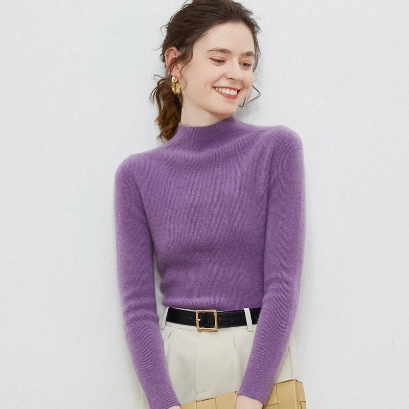Damen Leichter taillierter Mockneck-Pullover in kaschmirähnlicher Mohair-Optik mit feiner Rippenstruktur Drune