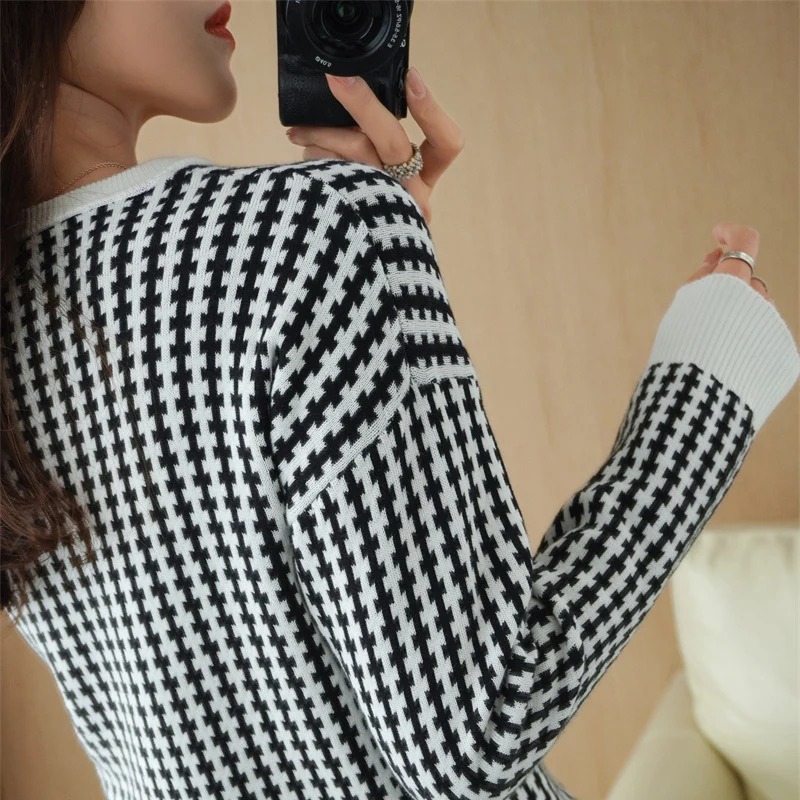 Damen Leichter Strukturstrick-Pullover mit Hahnentritt-Muster und breitem Rippbündchen Drune