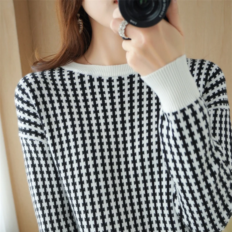 Damen Leichter Strukturstrick-Pullover mit Hahnentritt-Muster und breitem Rippbündchen Drune
