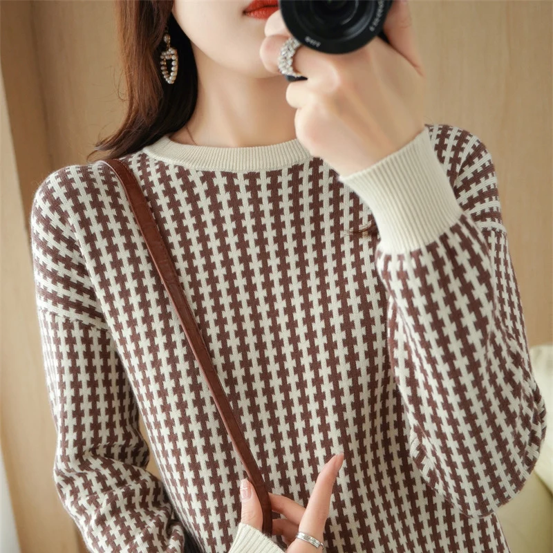 Damen Leichter Strukturstrick-Pullover mit Hahnentritt-Muster und breitem Rippbündchen Drune