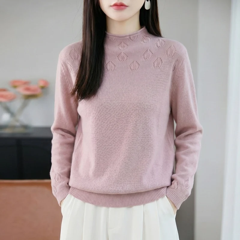 Damen Leichter Stehkragenpullover mit floralem Ajour‑Yoke und feiner Rippkante Drune