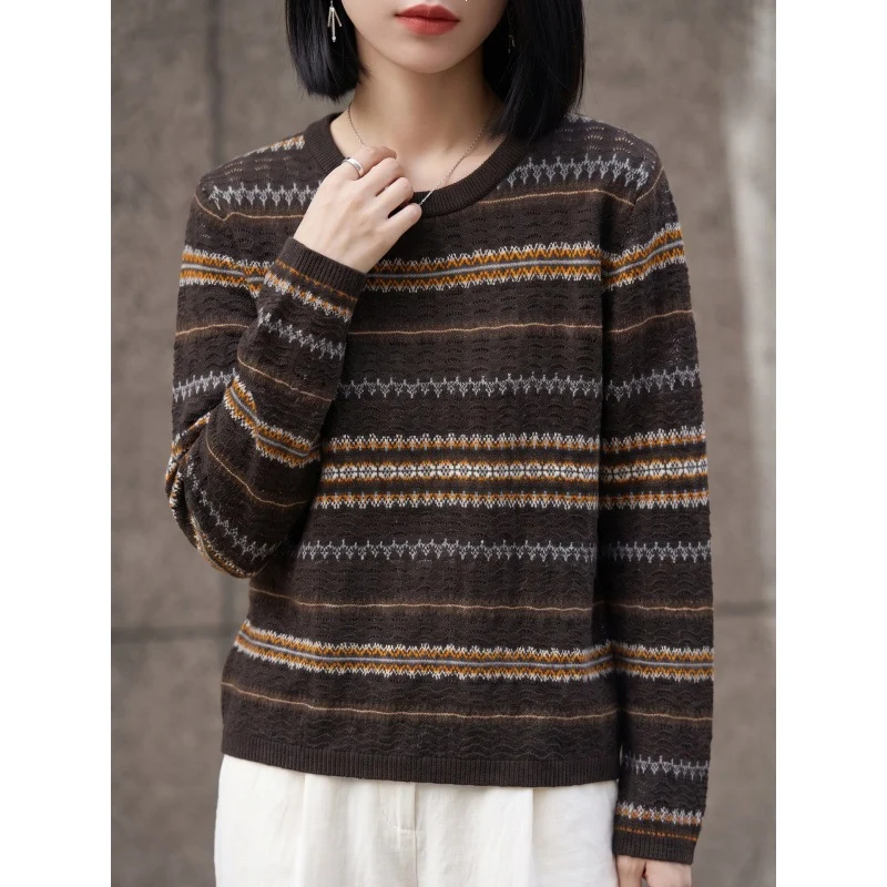 Damen Leichter Rundhals-Pullover im Norwegerstreifen-Design mit strukturierter Ajouroptik Drune