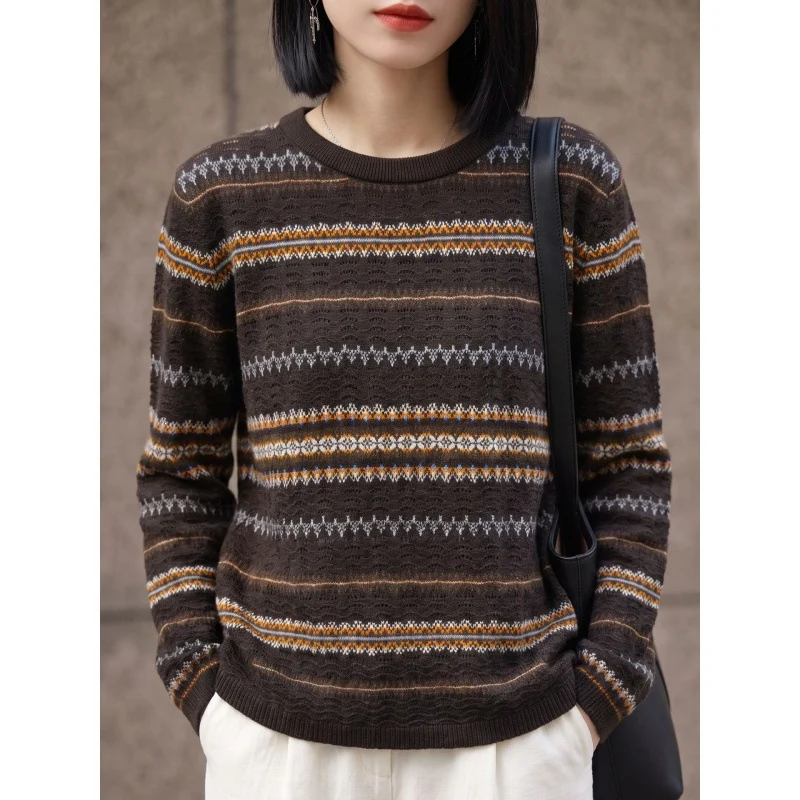 Damen Leichter Rundhals-Pullover im Norwegerstreifen-Design mit strukturierter Ajouroptik Drune