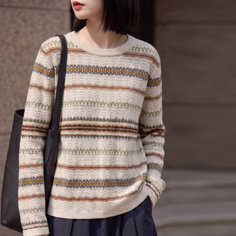 Damen Leichter Rundhals-Pullover im Norwegerstreifen-Design mit strukturierter Ajouroptik Drune