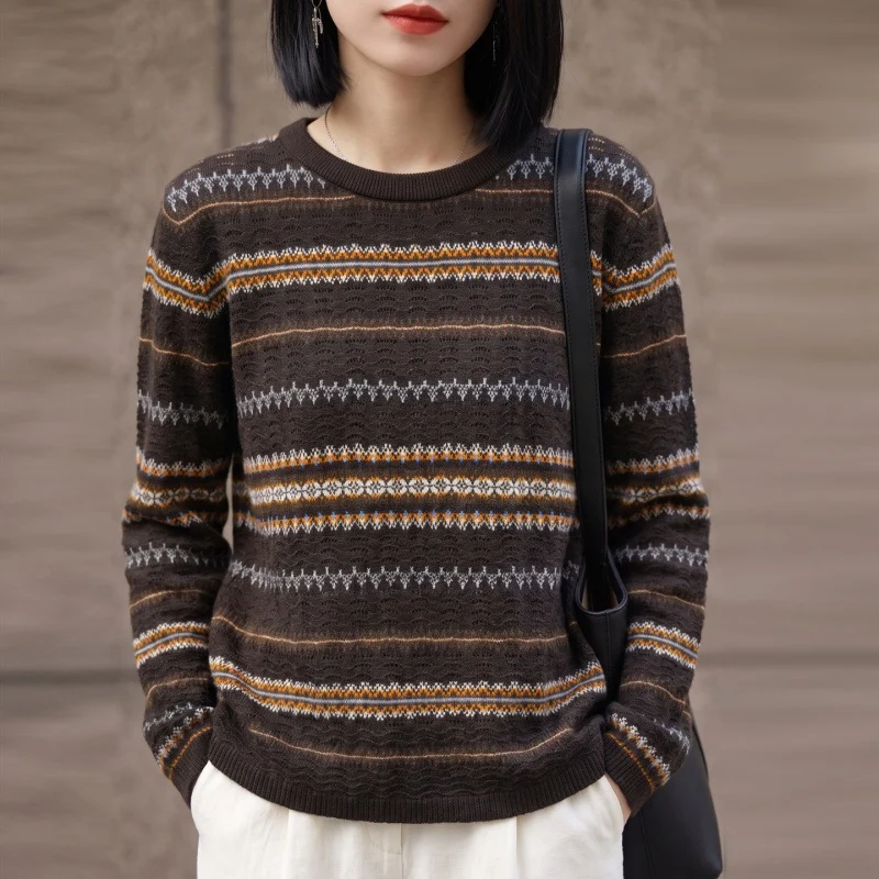 Damen Leichter Rundhals-Pullover im Norwegerstreifen-Design mit strukturierter Ajouroptik Drune