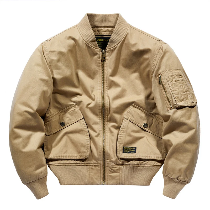 Herren Kurz geschnittener Canvas-Bomber mit Doppel-Frontklappentaschen und Ärmeltasche Drune