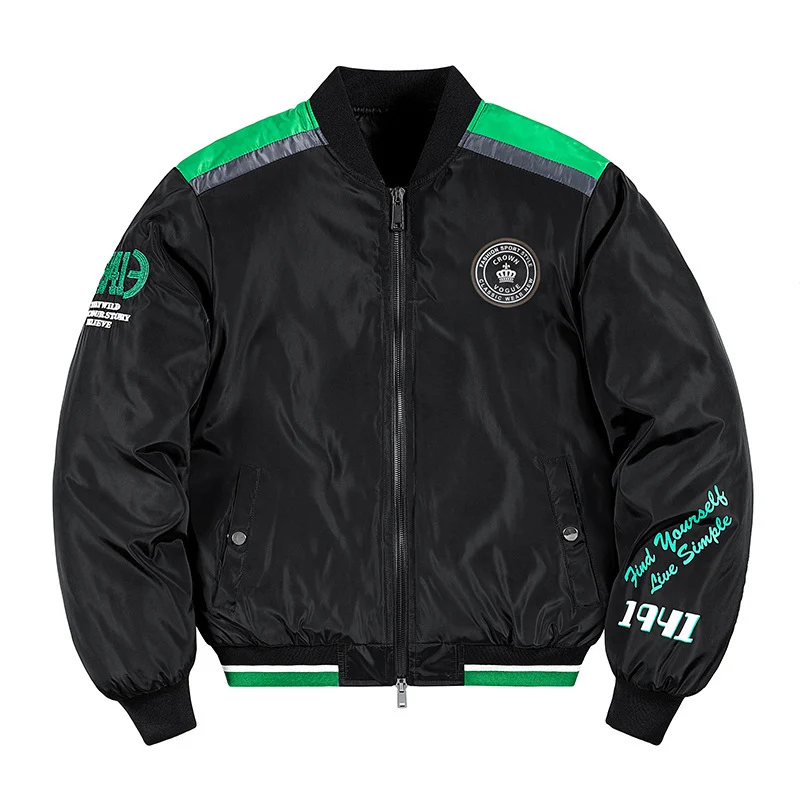 Herren Kurz geschnittene Nylon‑Bomberjacke mit sportiven Schulterpaspeln, Schriftzug-Applikationen und zweifachem Reißverschluss Drune