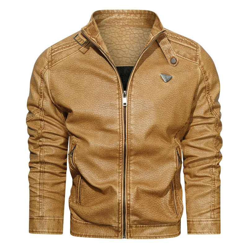 Herren Kunstlederjacke im Vintage-Denim-Look mit gerafften Ärmeln und Stehkragen Drune