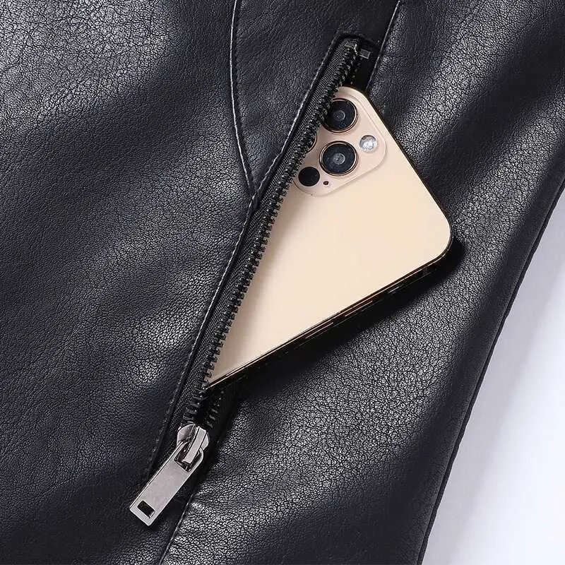 Herren Kunstlederjacke im Moto‑Stil mit Stehkragen und durchgehendem Reißverschluss Drune