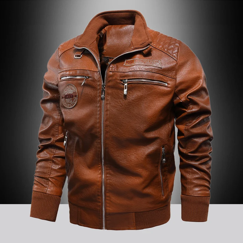 Herren Kunstleder-Pilotenblouson mit Reißverschluss, Brusttaschen und Rippbündchen Drune