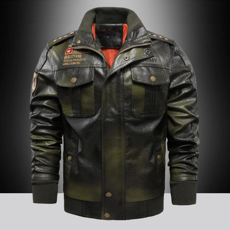 Herren Kunstleder-Pilotenblouson im Military-Look mit Schulterpatten, Rippbündchen und Patch-Applikationen Drune
