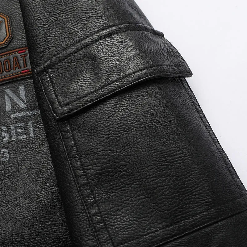 Herren Kunstleder-Pilotenblouson im Aviator-Stil mit Emblem-Patches und verdecktem Zweiwege-Reißverschluss Drune