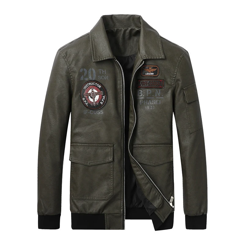 Herren Kunstleder-Pilotenblouson im Aviator-Stil mit Emblem-Patches und verdecktem Zweiwege-Reißverschluss Drune
