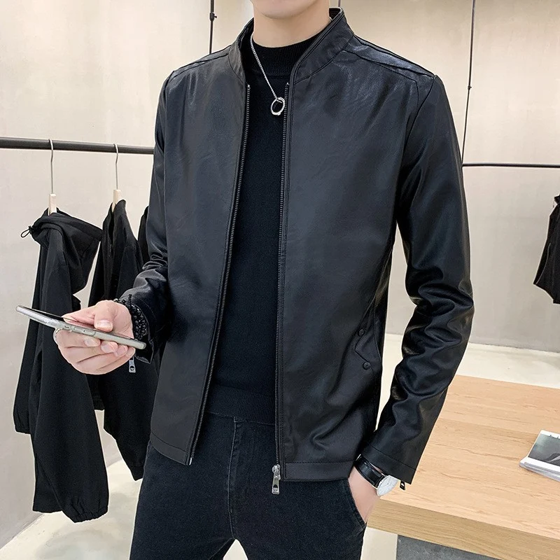 Herren Kunstleder-Motojacke mit Teddyfutter und Stehkragen Drune