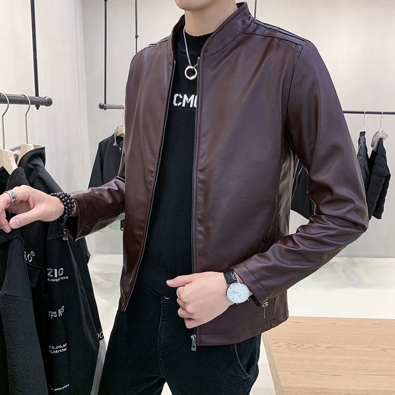 Herren Kunstleder-Motojacke mit Teddyfutter und Stehkragen Drune