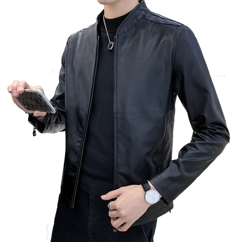 Herren Kunstleder-Motojacke mit Teddyfutter und Stehkragen Drune