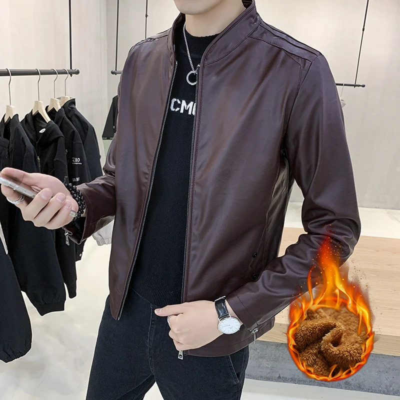 Herren Kunstleder-Motojacke mit Teddyfutter und Stehkragen Drune