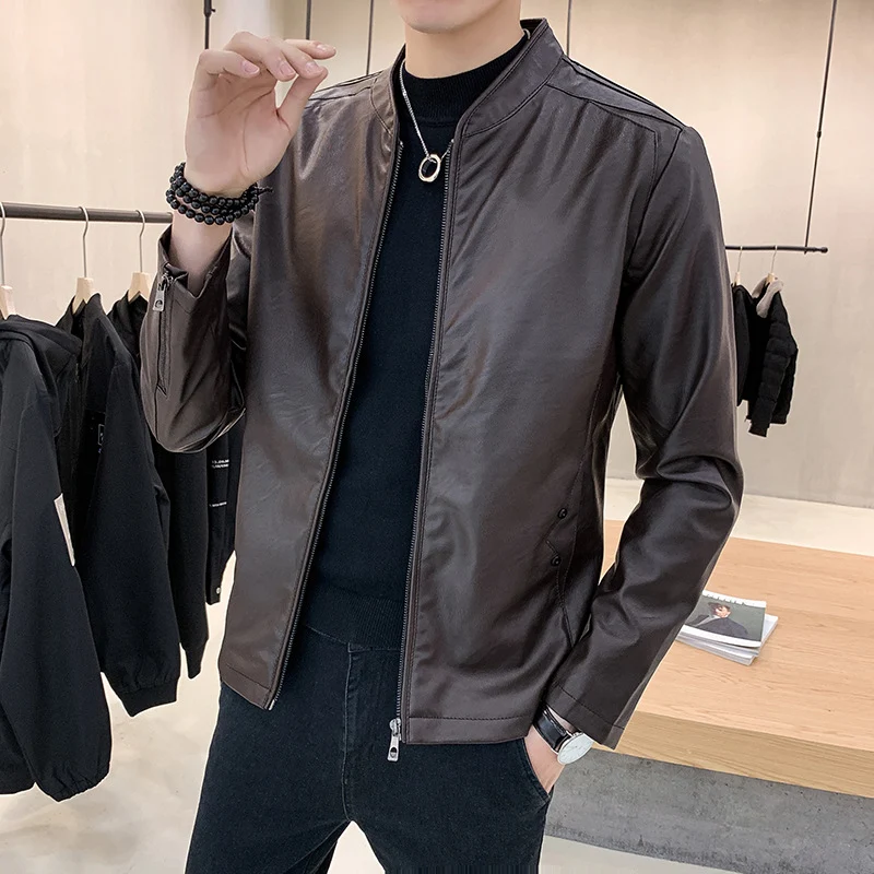 Herren Kunstleder-Motojacke mit Teddyfutter und Stehkragen Drune