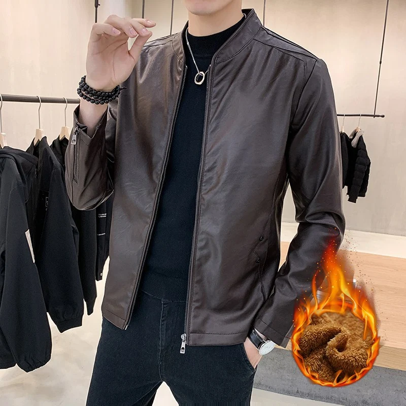 Herren Kunstleder-Motojacke mit Teddyfutter und Stehkragen Drune