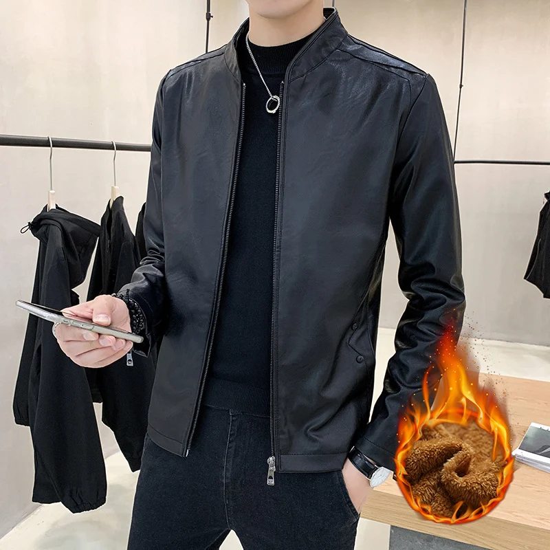Herren Kunstleder-Motojacke mit Teddyfutter und Stehkragen Drune