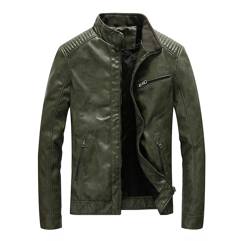 Herren Kunstleder-Motojacke mit Stehkragen, Schultersteppungen und Reißverschlusstaschen Drune